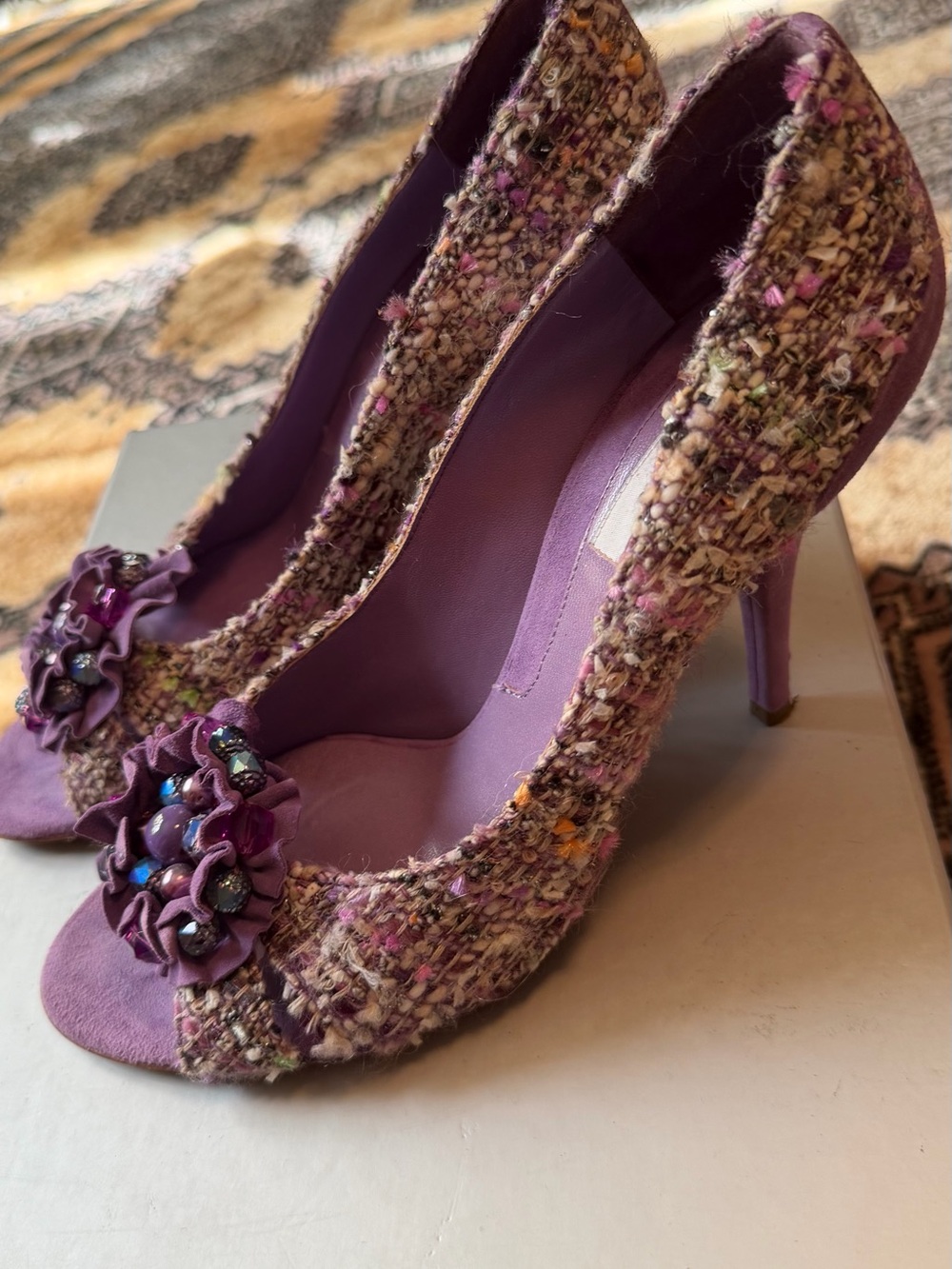 Moschino Purple Tweed Embellished Peep-Toe Heels - Picture 2 of 5